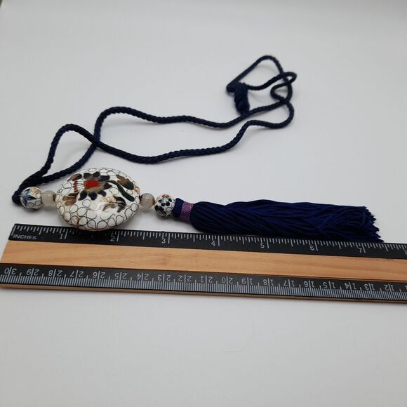 VTG Large Cloisonne Pendant on Navy Cord 28” Necklace - Picture 8 of 10